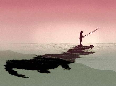 Человек ловит рыбу, стоя на крокодиле
