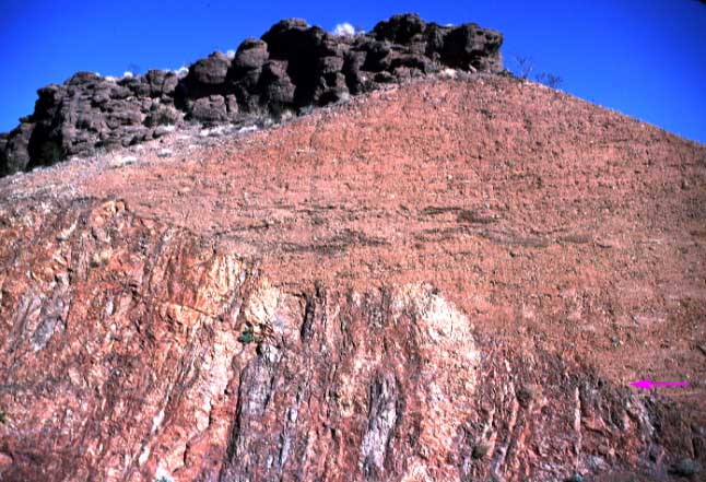 A buttress unconformity (contact at red arrow) is one in which the younger, overlying rocks are cut by the contact. This relationship occurs because the younger sediments are deposited against the older rocks as they stood out in topographic relief.