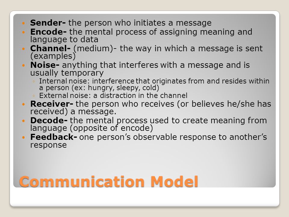 Communication Model Sender- the person who initiates a message