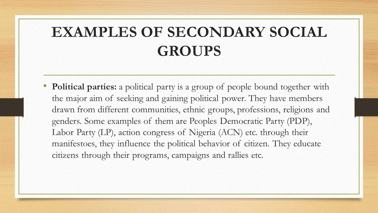 EXAMPLES OF SECONDARY SOCIAL GROUPS