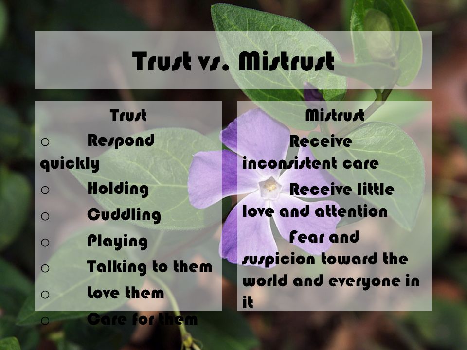 Trust vs. Mistrust Trust o Respond quickly o Holding o Cuddling