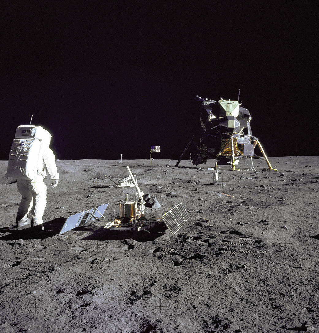 Astronaut Buzz Aldrin set up several scientific experiments while on the surface of the Moon during the historic Apollo 11 mission. You can see the lunar module, “Eagle,” in the background.