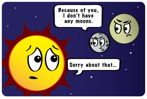 Mercury and Venus do not have any moons. Cartoon of Mercury telling the sun it