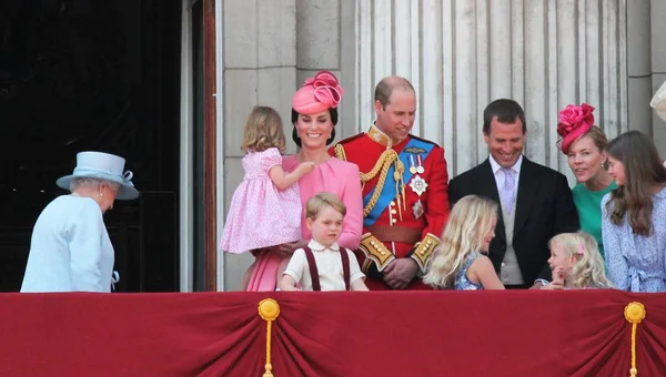 Queen Elizabeth & Royal Family, Buckingham Palace, London June 2017- Prince William, George, Kate and Princess Charlotte during Trooping the Colour - Balcony for Queen Elizabeth