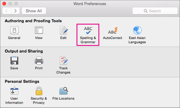 Click Spelling & Grammar to change settings for checking spelling and grammar.