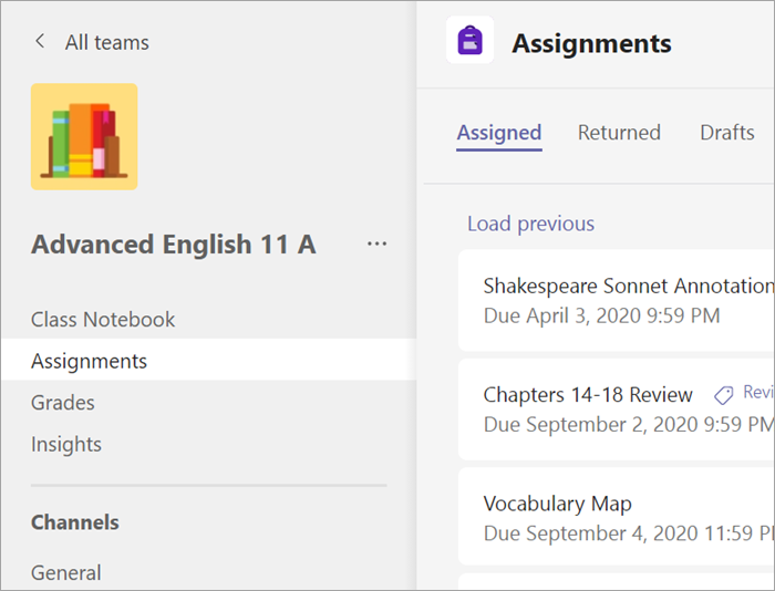 Assignments tab