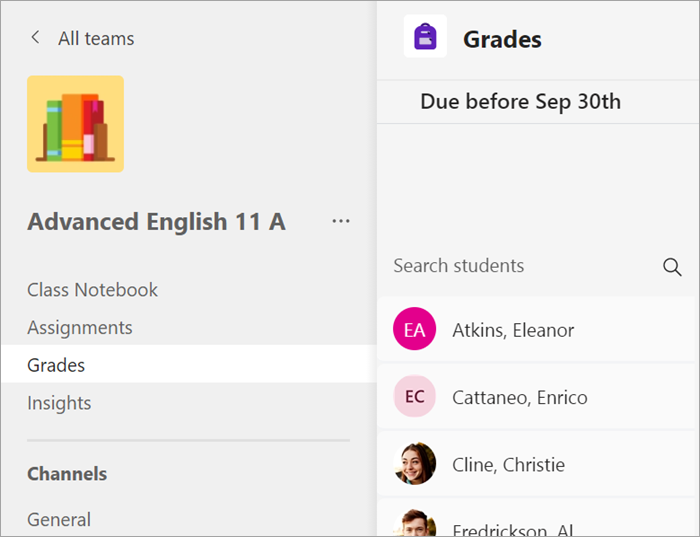 Navigate to the General channel of your class team and select Grades.