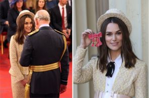 На фото: Кира Найтли и принц Чарльз на церемонии награждения актрисы почетным орденом Британской империи (фото слева)