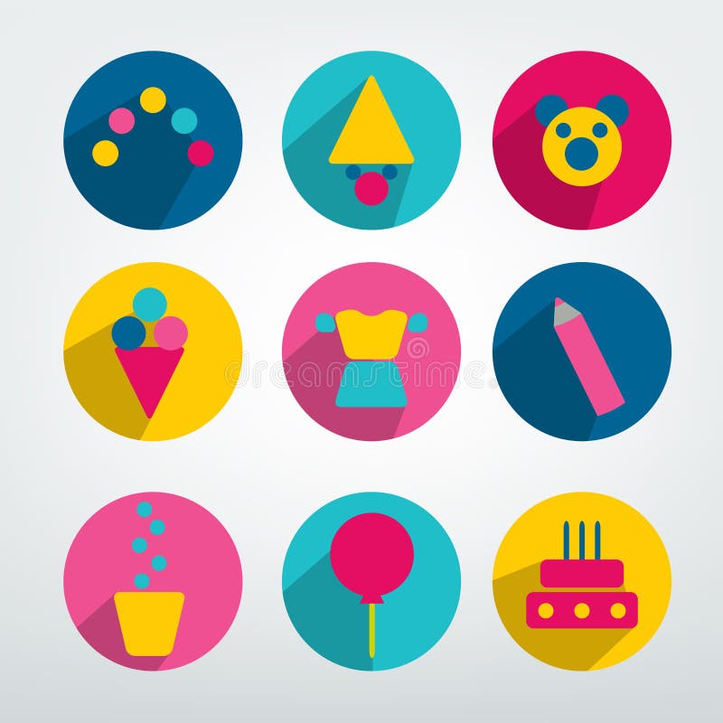 Child birthday colorful pictogram. Set of modern circle sign shadows icons stock illustration