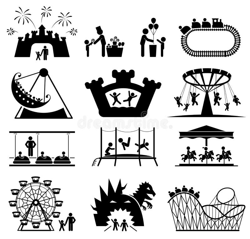 Children in amusement park. Pictogram icon set. Vector illustration. Amusement Park icons. Children play on playground. Pictogram icon set vector illustration