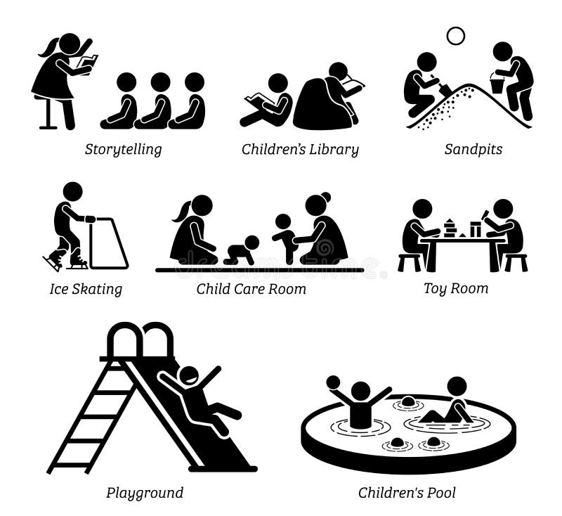 Children Recreational Facilities and Activities. Pictogram depicts children storytelling, kids library, playing at sandpits, ice skating, child care room, toy stock illustration