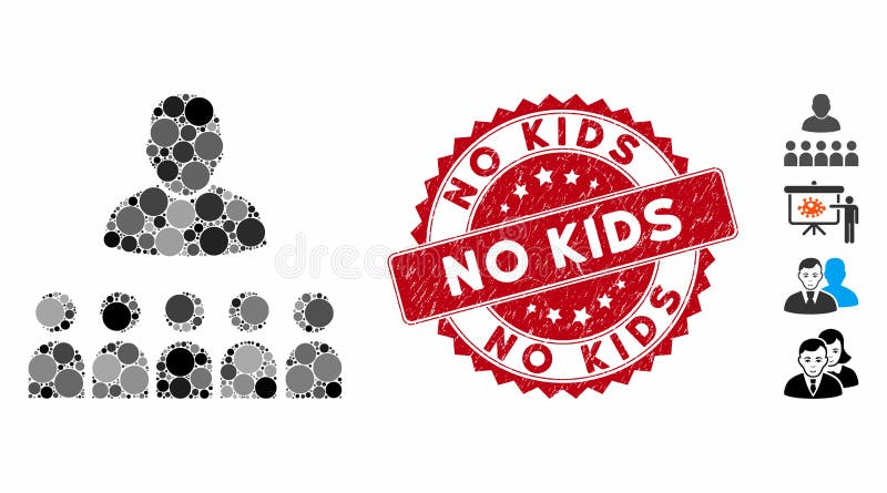 Collage Auditory Students Icon with Textured No Kids Stamp. Mosaic auditory students icon and rubber stamp watermark with No Kids text. Mosaic vector is designed royalty free illustration