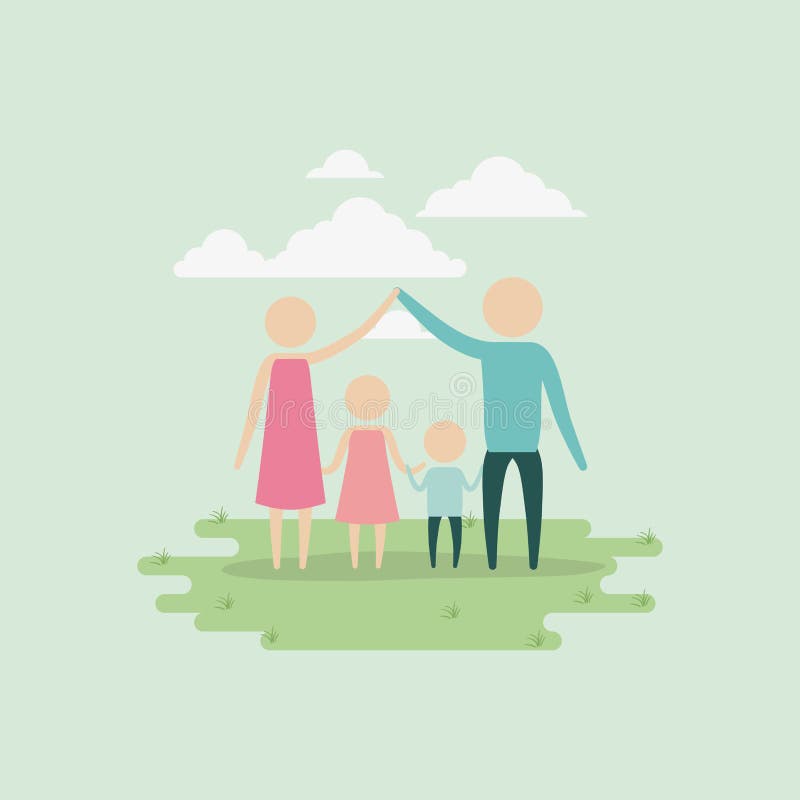 Color background sky landscape and grass with silhouette set pictogram parents holding hands of children. Vector illustration stock illustration