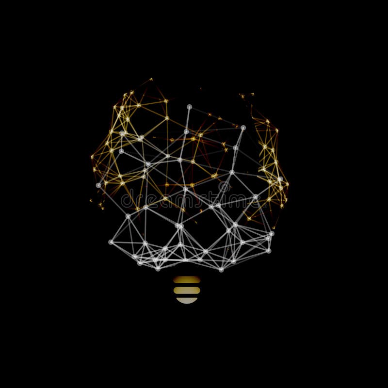 Creative idea emblem. Imagination design. Abstract polygonal structure lightbulb. Neural networks vector logo on black. Background stock illustration