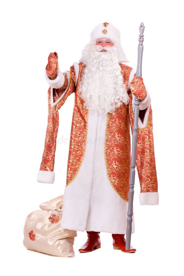 Ded Moroz (Father Frost). Russian Christmas character Ded Moroz (Father Frost) with the stick in his hands. Isolated on white stock photo