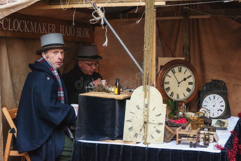 Clockmakers at work during the festival at the Dickens Festval i stock photography