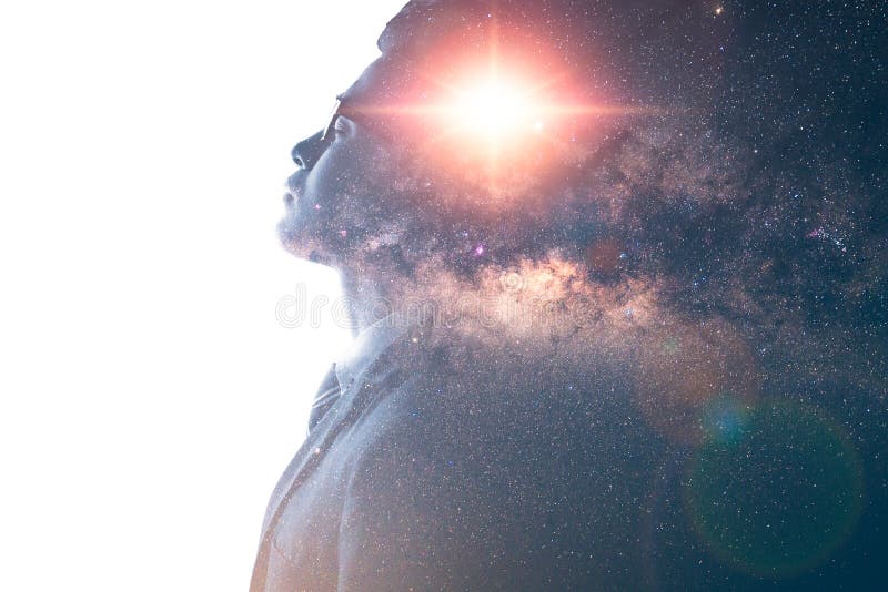 The double exposure image of the businessman thinking overlay with milky way galaxy image. the concept of imagination, techn