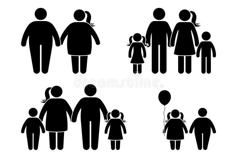 Fat family stick figure vector icon set. Obese human, children couple black and white flat style pictogram. On white background royalty free illustration