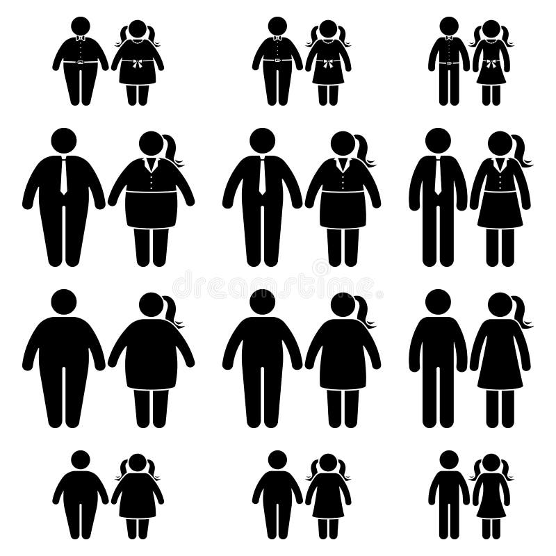 Fat parents and children stick figure vector icon set. Obese people, kids, couple black and white flat style pictogram. On white background stock illustration