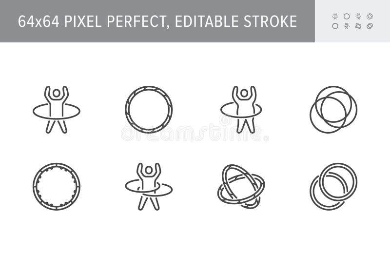 Hula hoop line icons. Vector illustration included icon as happy child with hulahoop, fat man exercise outline pictogram. For gym. 64x64 Pixel Perfect Editable vector illustration