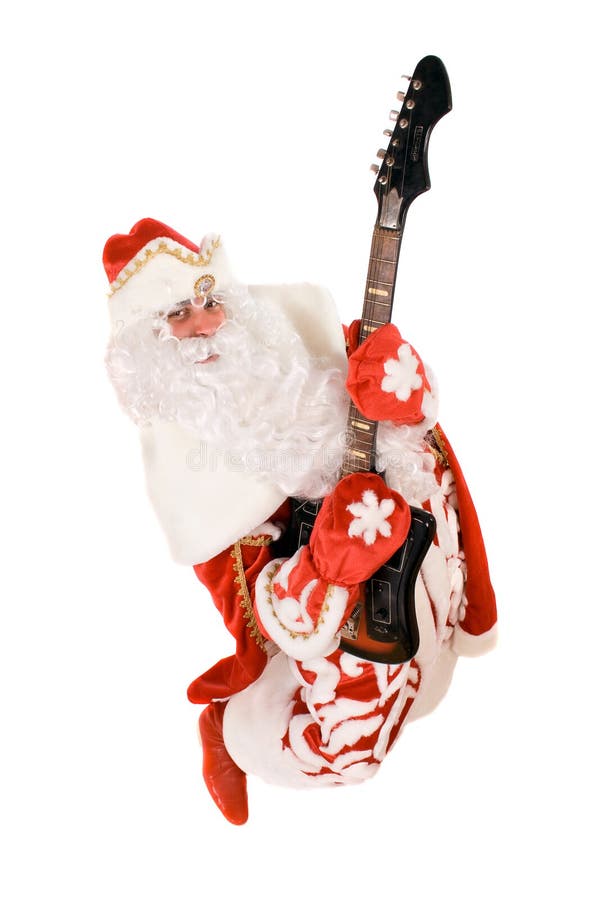 Mad Ded Moroz with a broken guitar. Mad Ded Moroz (Father Frost) with a broken guitar, Isolated stock photography
