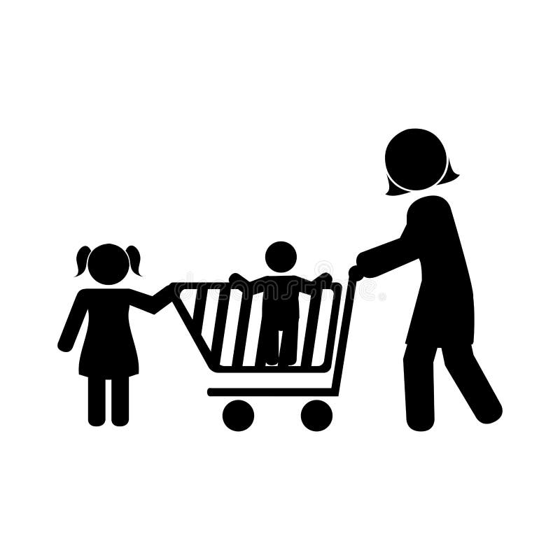 Monochrome pictogram with mom and kids and shopping cart. Vector illustration royalty free illustration
