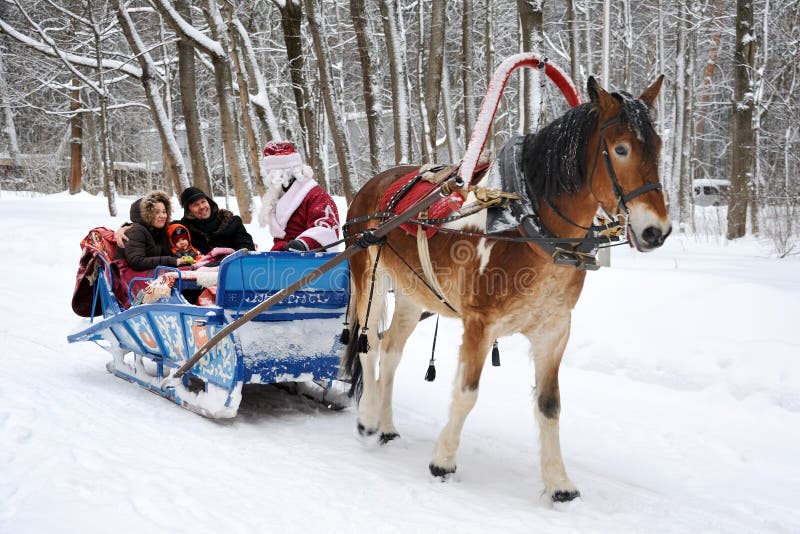 Sledge Ride with Ded Moroz in Arkhangelskoye - The Charm of Russian Winter. MOSCOW REGION, RUSSIA - January 11, 2015 stock photography
