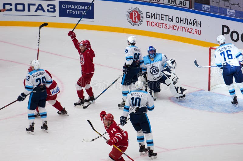Goal to Sibir team gate. PODOLSK - SEPTEMBER 30, 2018: Goal to Sibir team gate on hockey game Vityaz vs Sibir Novosibirsk on Russia KHL championship on September royalty free stock images