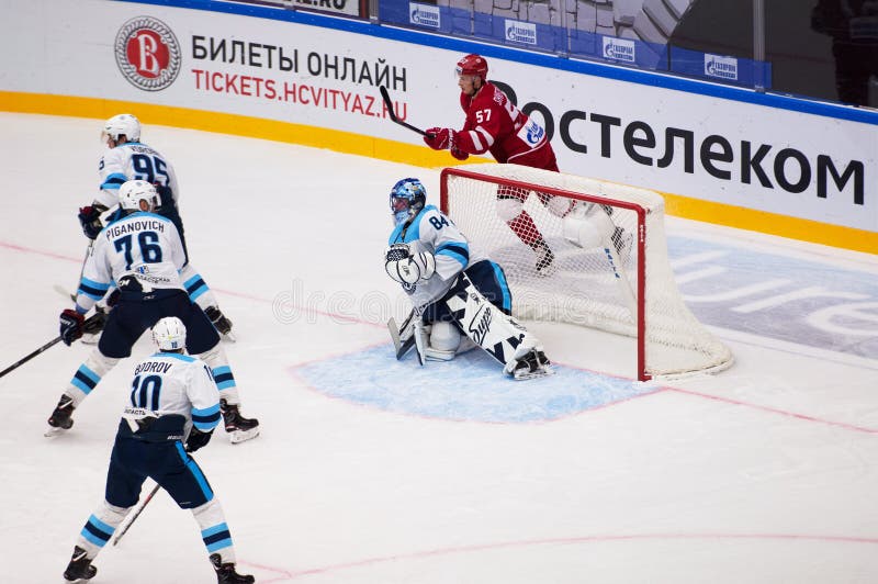 A. Krasikov 84 on gate. PODOLSK - SEPTEMBER 30, 2018: A. Krasikov 84 on gate on hockey game Vityaz vs Sibir Novosibirsk on Russia KHL championship on September stock photos