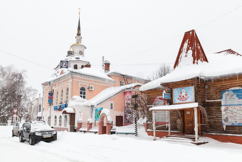 Post office of Ded Moroz. Veliky Ustyug, Russia - February 5, 2019: Street view with the city residence and the post office of Ded Moroz in Veliky Ustyug, it is stock photography