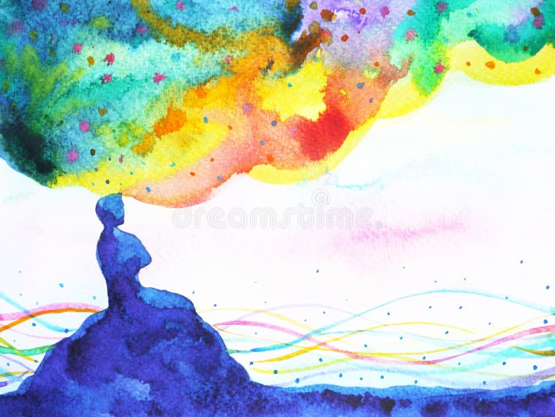 Power of thinking, abstract imagination, world, universe inside your mind watercolor painting. Power of thinking, abstract imagination, world, universe inside vector illustration