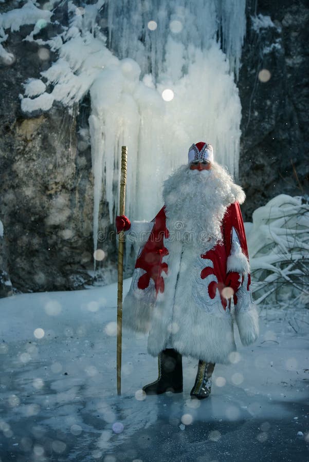 Russian Ded Moroz. Russian character Ded Moroz on icy background royalty free stock image