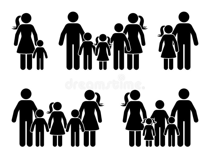 Stick figure big family icon standing together. Parents and kids isolated pictogram. Stick figure big family icon standing together. Parents and kids isolated vector illustration