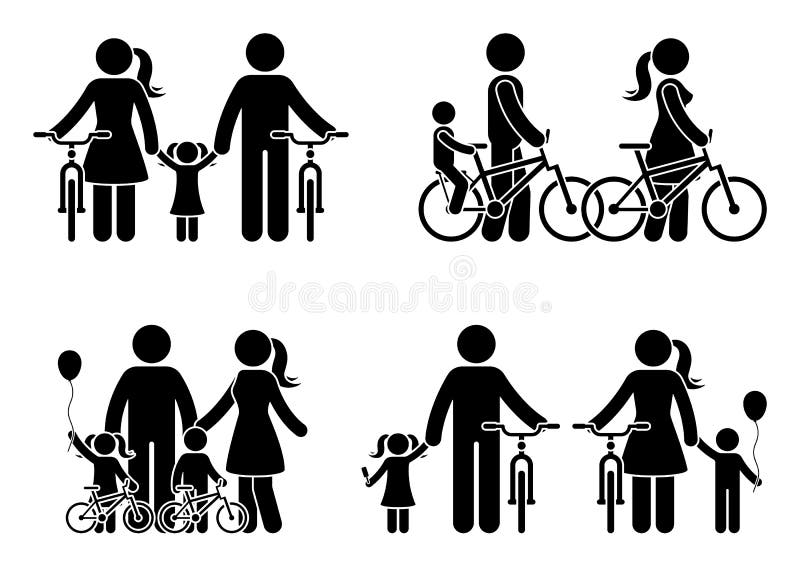 Stick figure family with bike pictogram. Mother, father and kids spending time together. Stick figure family with bike pictogram. Mother, father and kids vector illustration