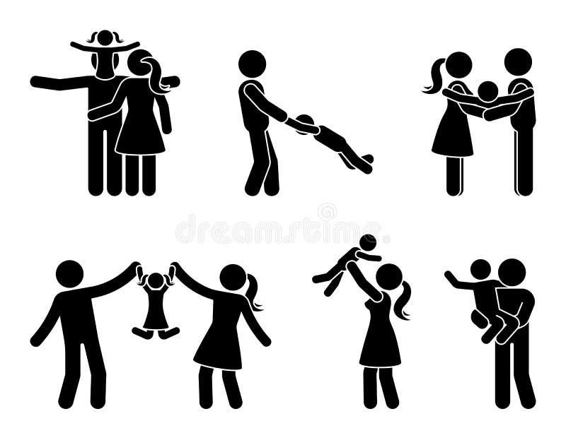 Stick figure happy family activity icon set. Father and mother with kids playing outdoor pictogram. Stick figure happy family activity icon set. Father and vector illustration