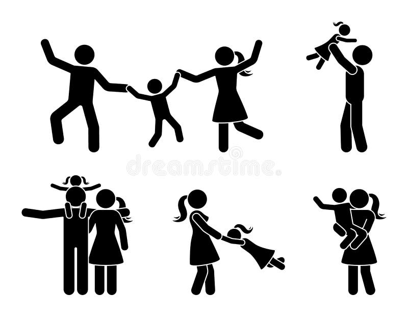 Stick figure happy family having fun icon set. Parents and children playing together pictogram. Stick figure happy family having fun icon set. Parents and royalty free illustration