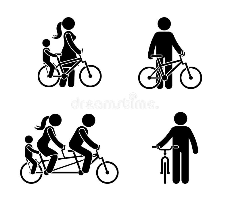 Stick figure happy family riding bike pictogram. Mother, father and child spending time together. Stick figure happy family riding bike pictogram. Mother stock illustration