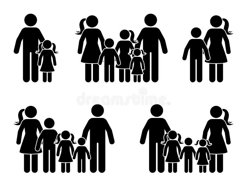 Stick figure parents and children icon set. Big happy family black pictogram. Stick figure parents and children icon set. Big happy family black pictogram vector illustration