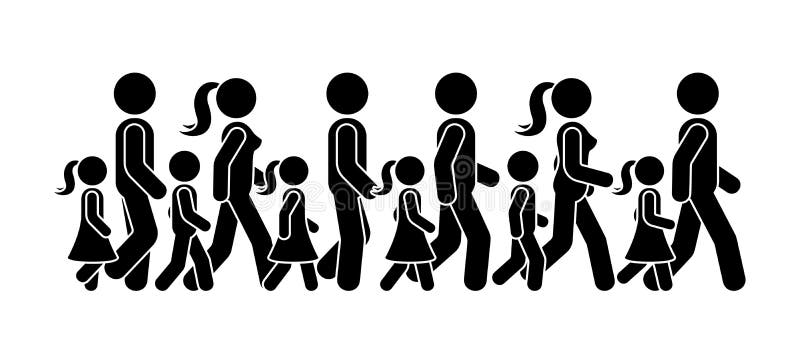 Stick figure walking group of people vector icon pictogram. Man, woman and children moving forward sequence set. Stick figure walking group of people vector vector illustration