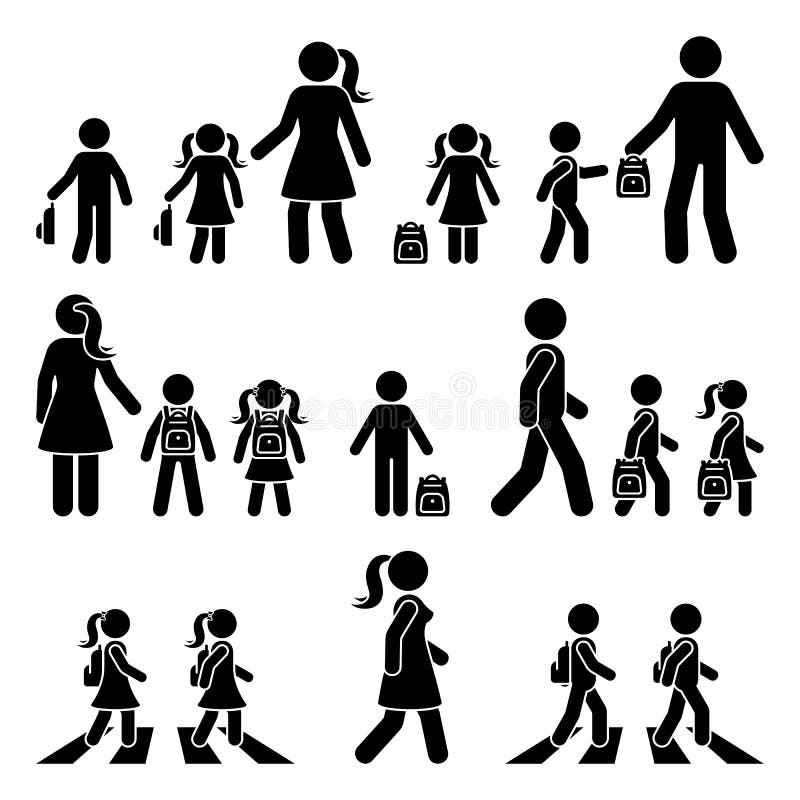 Stick figure walking kids with parents and backpack vector icon pictogram. Boy and girl on crosswalk going to school silhouette. On white royalty free illustration