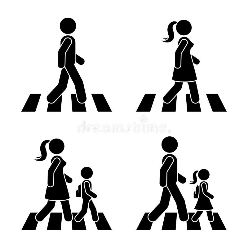 Stick figure walking pedestrian vector icon pictogram. Man, woman and children crossing road set. Stick figure walking pedestrian vector icon pictogram. Man stock illustration
