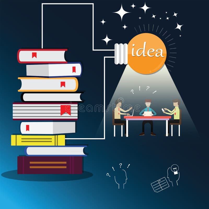 Thinking concept,Imagination,Brainstorming concept with light bulb and books,Business team meeting under a big light bulb,Abstract. Brainpower concept ,Vector royalty free illustration