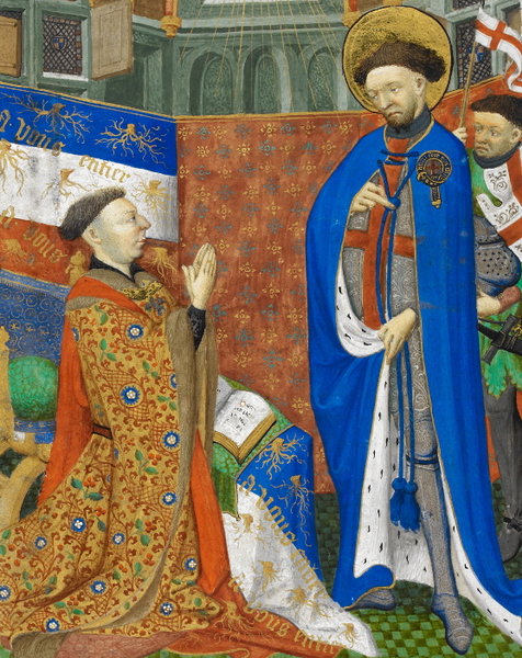 ​Герцог Бедфорд на коленях перед Св. Георгием (средневековая миниатюра) - Столетняя война: явление Девы 