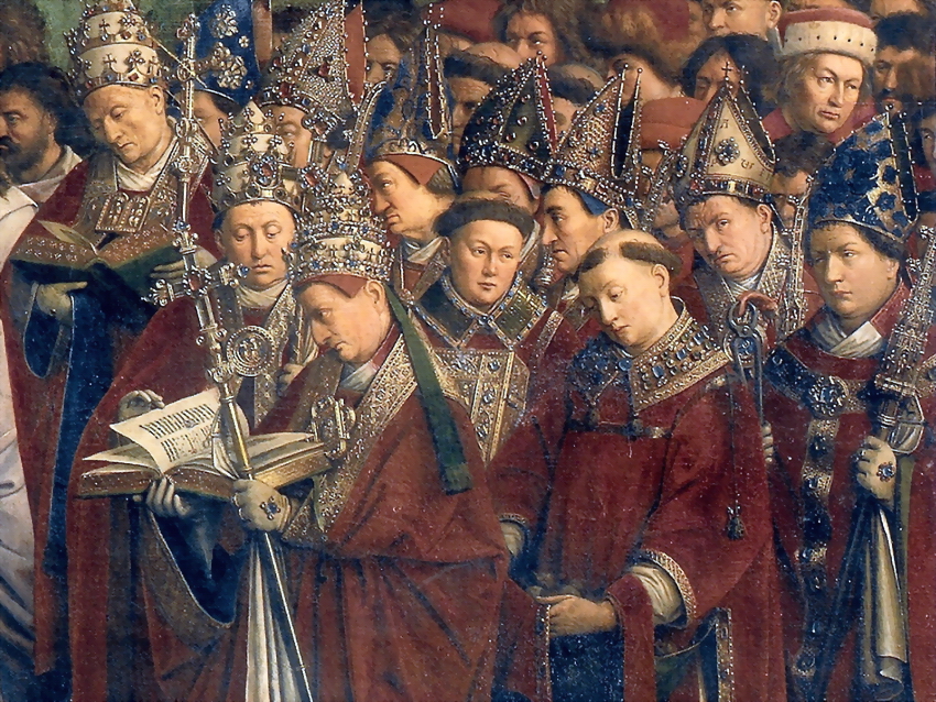 ​Фрагмент картины Хуберта ван Эйка «Собор в Констанце» (ок. 1420 года). Считается, что крайний справа, в синей митре, — епископ Пьер Кошон - Процесс века: Жанна д’Арк перед костром 