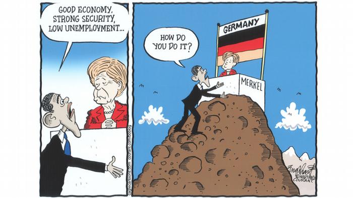 Обама лезет на вершину к Меркель, которая сидит там под флагом Германии за письменным столом 