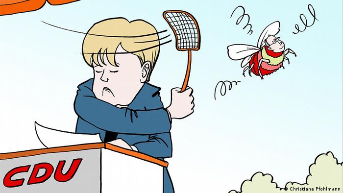 Меркель отгоняет мухобойкой Штайнбрюка в виде осы