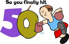 Funny 50th birthday quotes: Funny drawing of guy hitting a sack with boxing gloves.