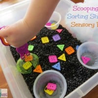 Scooping and Sorting Shapes Sensory Bin by learning 4 kids