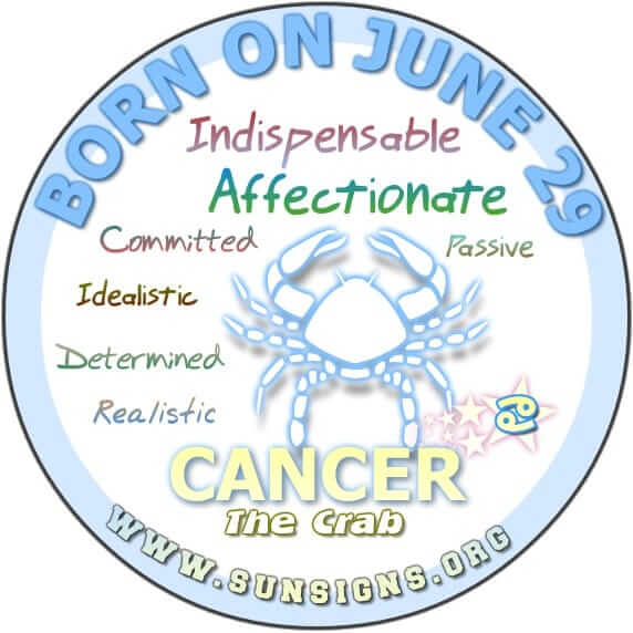 IF YOU ARE BORN ON THIS DAY, JUNE 29, then your sun sign is Cancer.