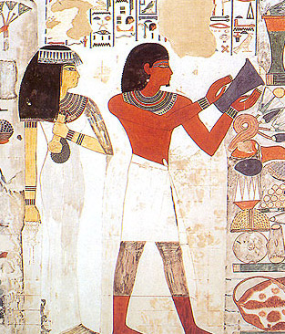 In this tomb scene from that of Nakht on the West Bank at Luxor, note the clear difference in skin color between Nakht and his wife, Tawy
